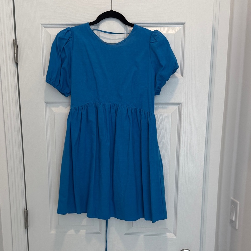 Elegant Blue Puff Sleeve Casual Dress